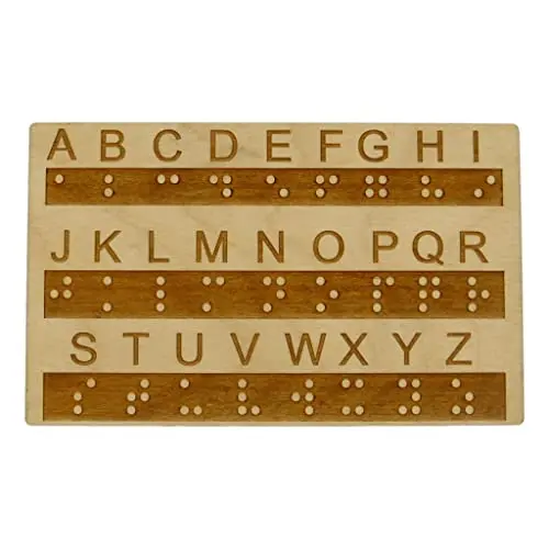 Wooden Braille alphabet board with raised dots for tactile learning