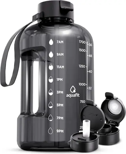 AQUAFIT half gallon water bottle in gray with time markers and carrying handle