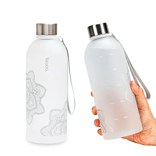 bzyoo frosted plastic water bottle with time markers in silver color