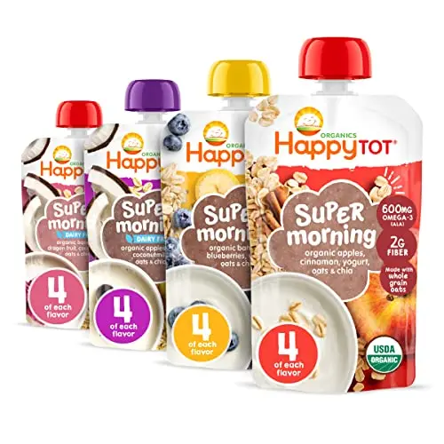 Happy Tot Stage 4 toddler food pouches with oats, yogurt, and fruit for morning nutrition