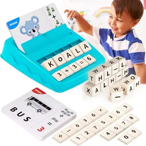 DEGIDEGI matching letter spelling game with cards and cubes