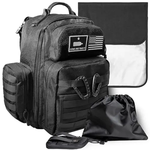DAD military-style diaper backpack with magnetic wipe dispenser