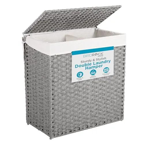 BIRDROCK HOME divided laundry hamper with lid in grey synthetic rattan