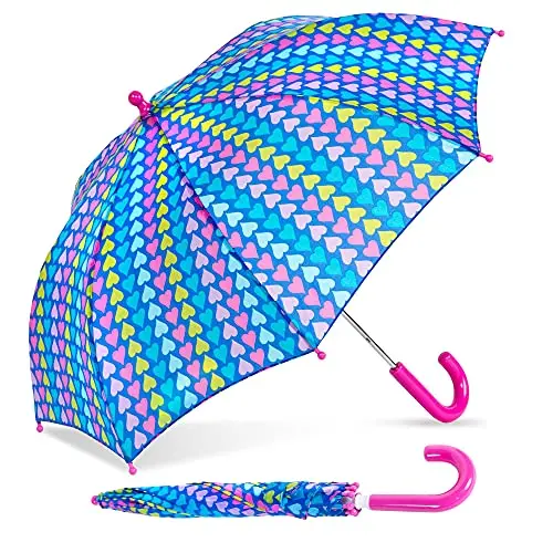 ShedRain kids umbrella with rainbow heart stripes and auto-open feature