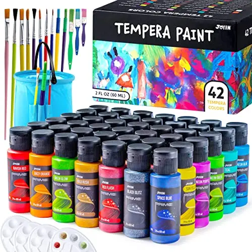 JOYIN washable tempera paint set with 42 colors, brushes, and palettes