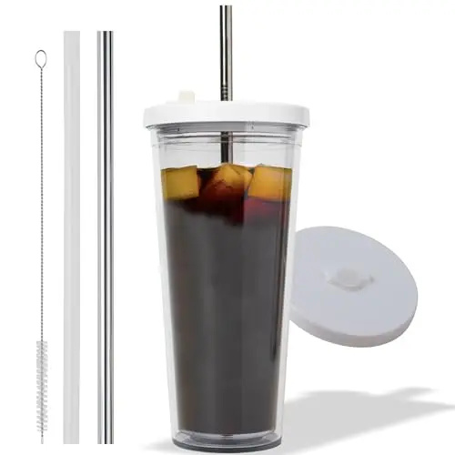 Kensal Home reusable iced coffee cup with straws in white