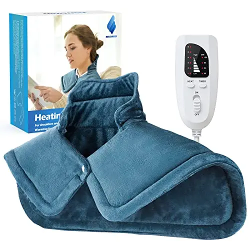 NIUONSIX weighted heating pad wrapped around neck and shoulders showing cozy fabric and control panel
