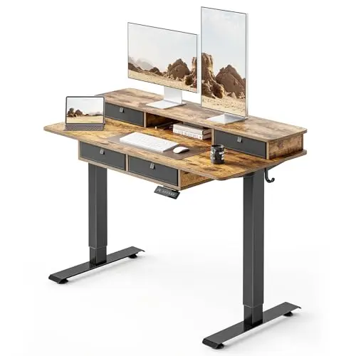 FEZIBO electric standing desk with four drawers and monitor shelf