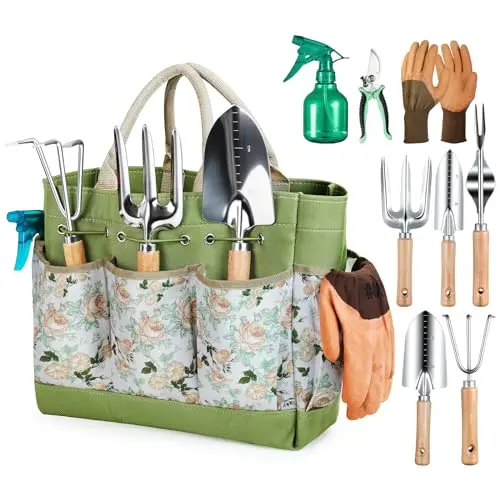 Grenebo green gardening tool set with floral tote bag