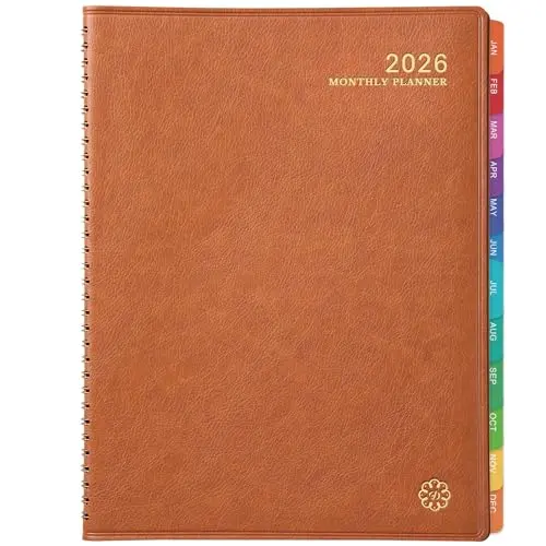 Frasukis 2026 monthly planner with brown leather cover and tabs