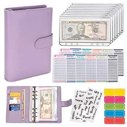 NICOOTH purple budget binder with zipper envelopes and labels