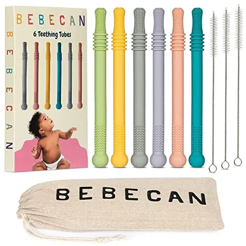 BEBECAN multicolored silicone teething sticks with cleaning brushes