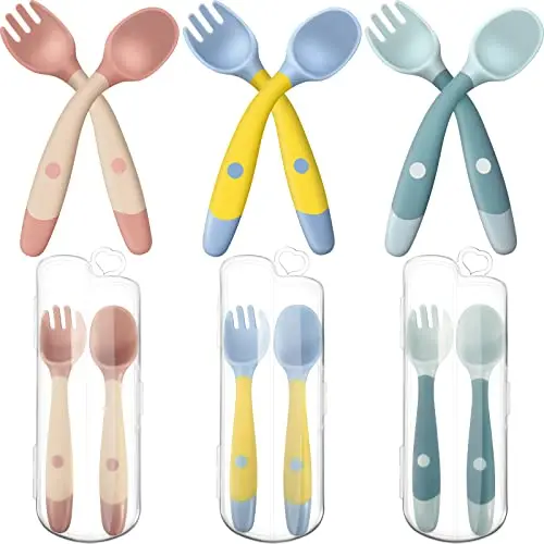 CHENGU bendable toddler forks and spoons with travel cases in green, pink and yellow