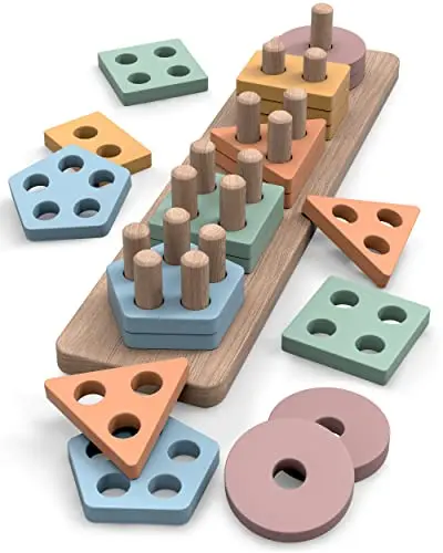 GOPO TOYS wooden shape sorter and stacking puzzle with colorful pieces