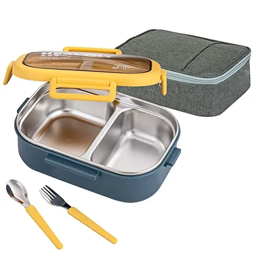 Lille Home stainless steel bento lunch box with two compartments and included lunch bag in blue