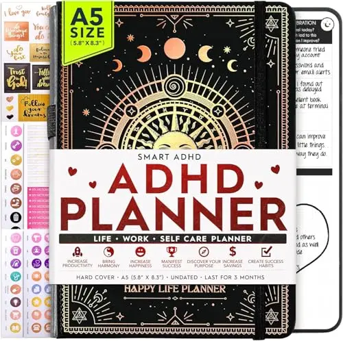Black sunshine ADHD daily planner with self-care journal and vision board