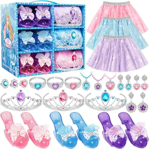 Complete princess dress-up set with skirts, shoes, crowns, and accessories in storage case