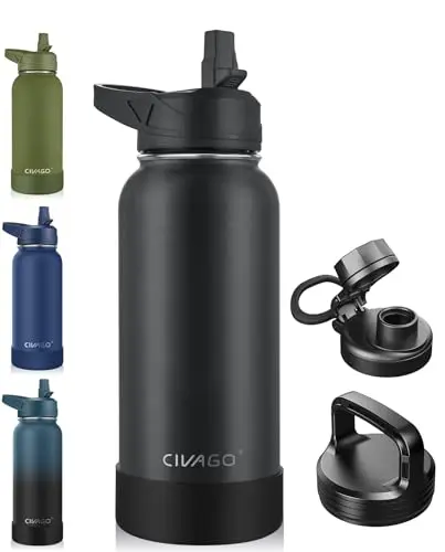CIVAGO insulated water bottle with three lids in black color