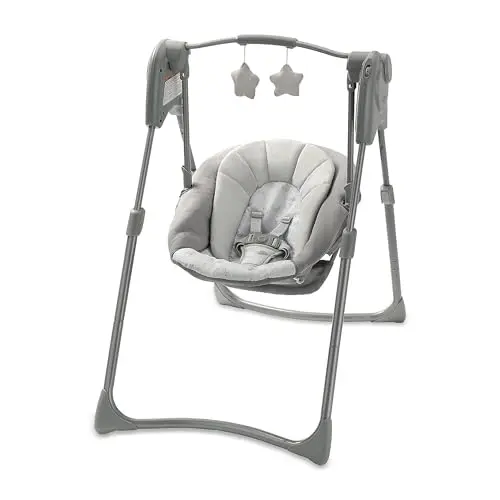 Graco Slim Spaces compact baby swing in Reign color showing folded design