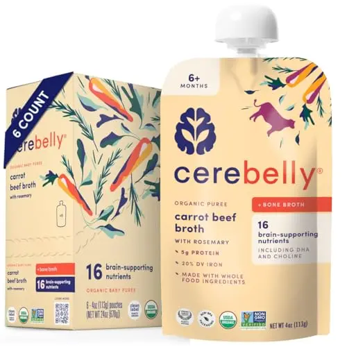Cerebelly organic baby food pouch with carrot and beef bone broth for protein nutrition