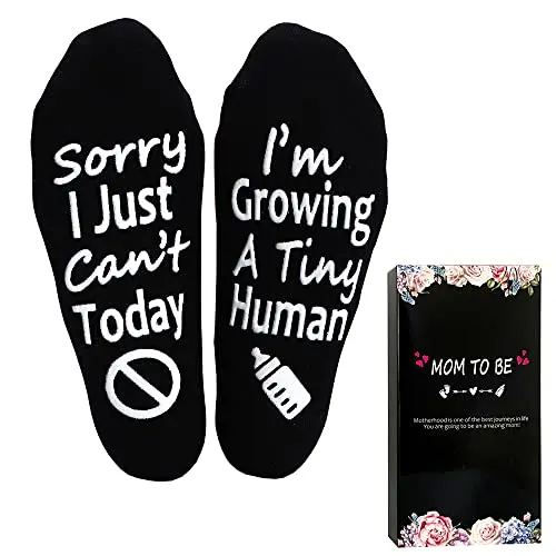 Funny pregnancy socks with 'Growing a Tiny Human' text