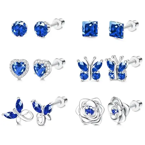 Set of 6 pairs of birthstone-colored stud earrings for girls