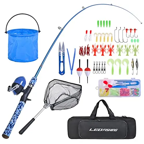 LEOFISHING kids fishing kit with net, bucket and tackle box