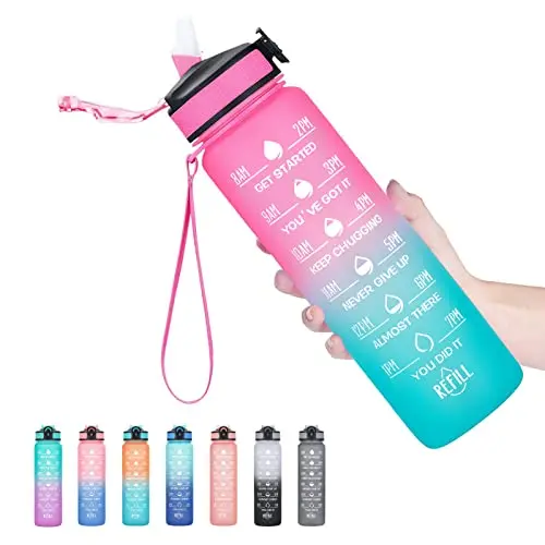 Hyeta water bottle with time markers and motivational quotes in pink-green color