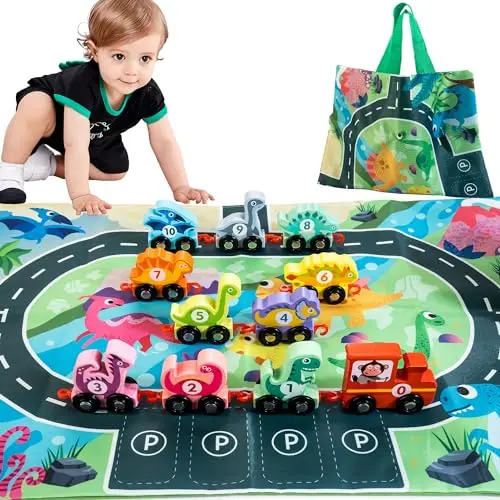 HELLOWOOD dinosaur train set with wooden cars and playmat