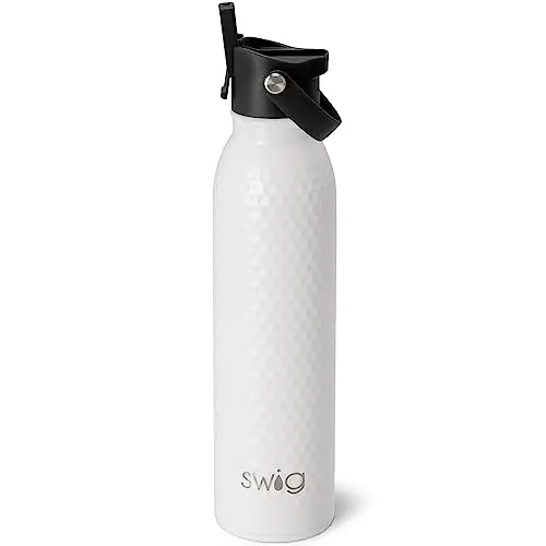 Swig Life water bottle with golf ball dimple texture and straw lid