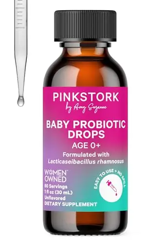 Pink Stork Baby Probiotic Drops liquid bottle with syringe