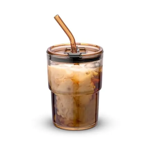 BLUEPOLAR thick-walled glass tumbler with lid and straw in amber