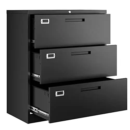 Letaya black lateral file cabinet with three drawers and interlock system