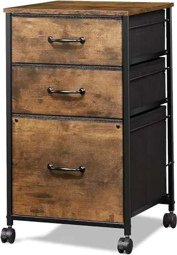 DEVAISE rustic brown mobile file cabinet with fabric drawers and wood grain top