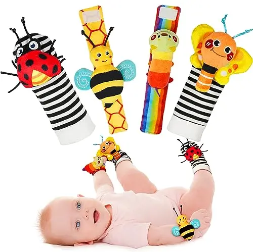Infinno baby wrist rattle socks and foot finders with garden bug designs