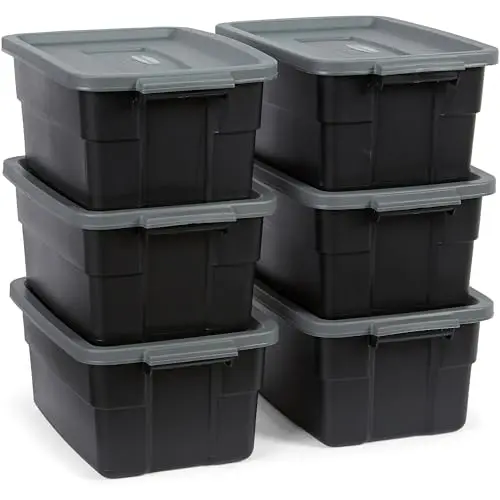 Black and grey Rubbermaid Roughneck small storage totes with lids