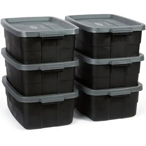 Black and grey Rubbermaid Roughneck large storage tote with lid