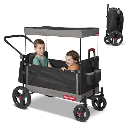 Radio Flyer Trav'ler stroller wagon with protective cover and bench seating