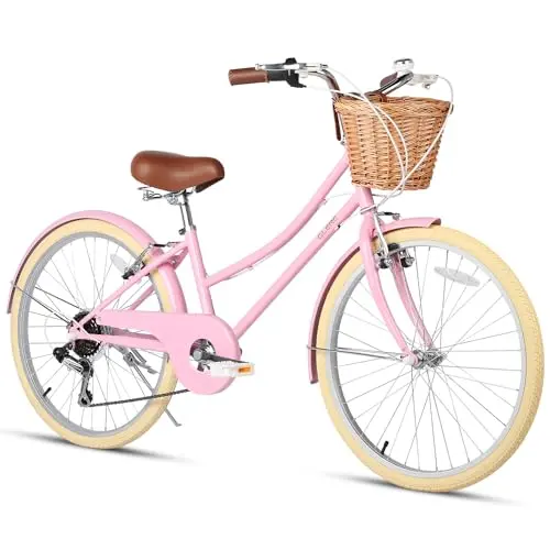 GLERC 24 inch beach cruiser bike with pink frame and wicker basket
