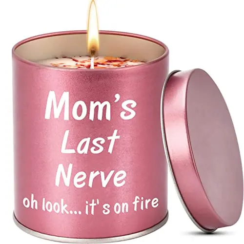 LAPOGY scented candle in jar with funny mom-themed quote and gardenia fragrance