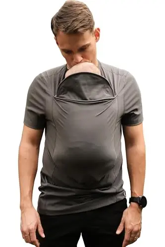 LALABU Dad Shirt in simple gray with kangaroo pouch for baby