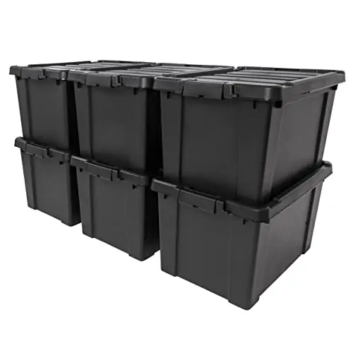 Black IRIS USA lockable storage bins with buckle latches for garage