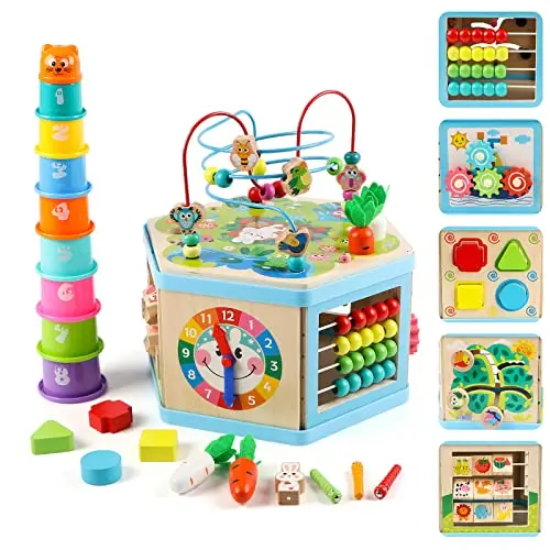 Vomocent wooden activity cube with bead maze and learning activities
