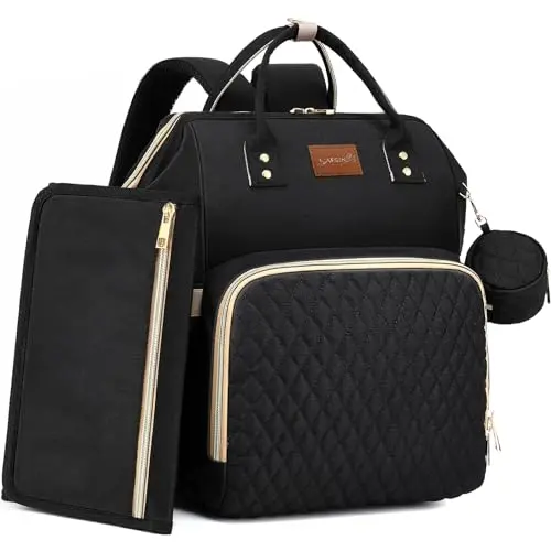 ROSEGIN black quilted diaper backpack with unique back opening feature
