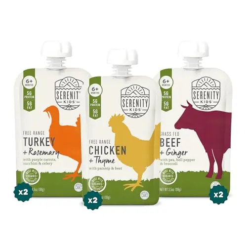 Serenity Kids baby food pouches with meat and herb blends like beef with rosemary