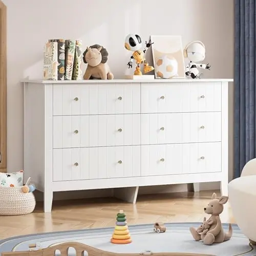 FOTOSOK White 6 Drawer Dresser with deep drawers