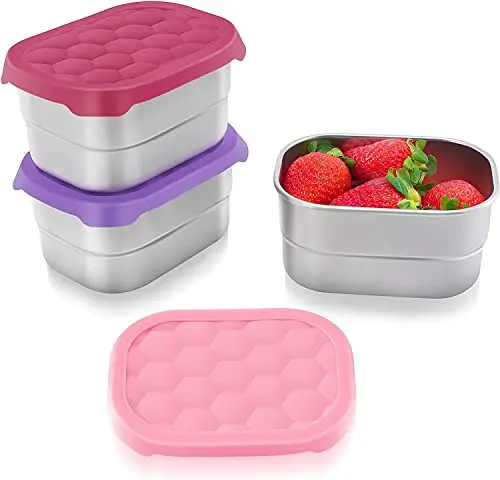 Tanjiae three-pack of small stainless steel snack containers with silicone lids in pink