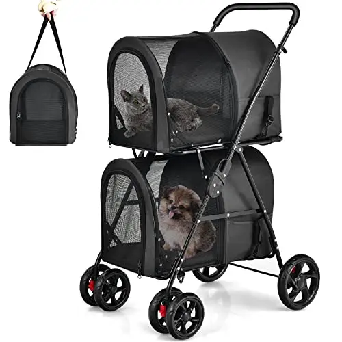 Giantex double pet stroller with two detachable carrier bags in black