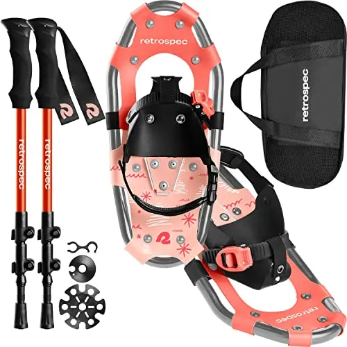 Retrospec blush-colored kids snowshoes with collapsible trekking poles