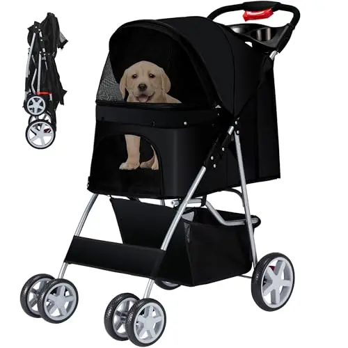 Azaeahom 4-wheel pet stroller with breathable mesh for dogs and cats